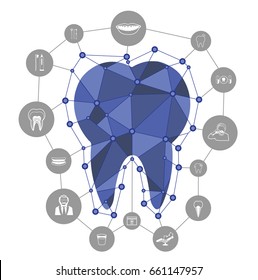 Polygonal blue vector tooth icon with dental icons