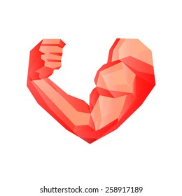 Polygonal bodybuilder's hand with biceps in heart shape. Fitness center or gym logo. Love powerlifting. Vector illustration