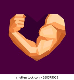 Polygonal bodybuilder's hand with biceps in heart shape. Gym or fitness logo. Vector illustration