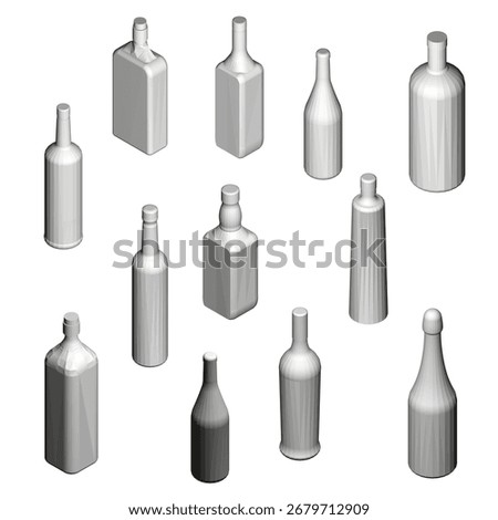 Polygonal bottles in a dynamic pack arrangement, animated and isolated on a clean white background. Isometric view. 3D. Vector illustration