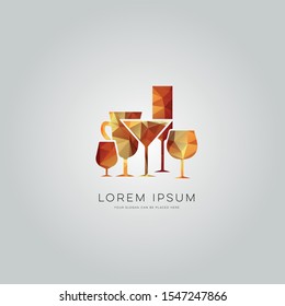 Polygonal bottles and glasses background. Geometric colored menu restaurant template