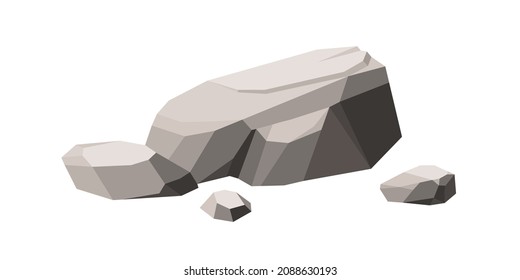 Polygonal boulder stone and cracked rock pieces. Big solid bowlder and heavy cobbles. Geometric huge rubble and cobblestones. Lowpoly cartoon vector illustration isolated on white background