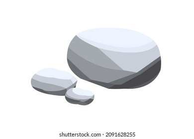 Polygonal boulder stone and small rock pieces. Big solid cobbles. Geometric huge heavy rubble and cobblestones. Rocky composition. Angular cartoon vector illustration isolated on white background