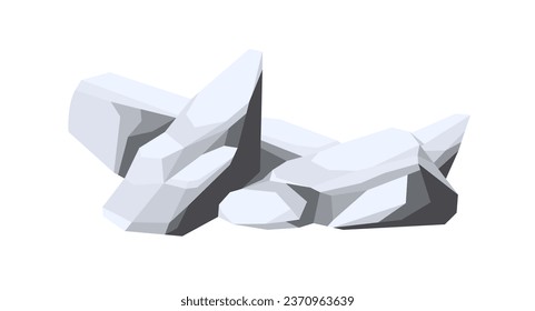 Polygonal boulder stones. Geometric big solid heavy rubbles and cobblestones. Angular rocks composition. Lowpoly geological cartoon vector illustration isolated on white background.