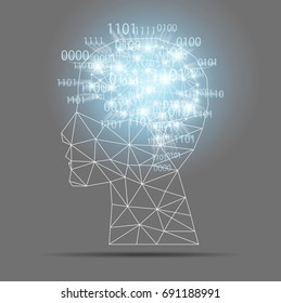 Polygonal brain shape of an artificial intelligence with glowing digital binary data