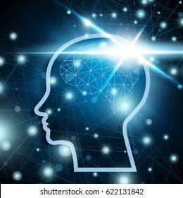 Polygonal brain with shiny light over the dark blue network connections background. Artificial intelligence concept. 