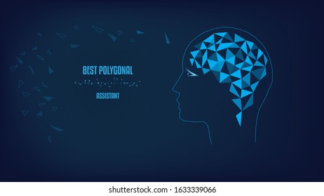 Polygonal brain. Silhouette of head. Conceptual vector illustration. Dark blue background. 