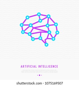 Polygonal brain thin line icon, artificial intelligence or machine learning. Modern vector illustration.