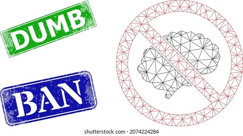 Imagen poligonal sin cerebro, y precintos rasgados rectangulares de color azul y verde. Ilustración de trama poligonal creada a partir de un icono sin cerebro. Los sellos de sellos tienen texto de suciedad dentro de un marco rectangular.