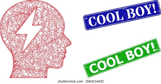 Modelo de tormentas de cerebro poligonal, y Cool Boy advierten insignias sucias rectangulares azules y verdes. La ilustración de la canal poligonal se crea a partir de un pictograma de tormenta de ideas.