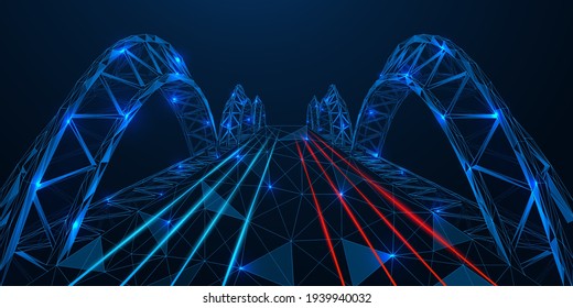 Polygonal bridge design  The effect night lights the road  Blue background 