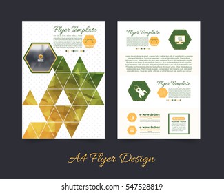 Polygonal Brochure, A4 Flyer Document and Vector Background. Corporate Leaflet, Textbook Cover Design. Print Ready Business Pamphlet or Low Poly Booklet Template