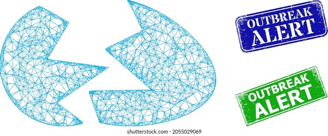 Polygonal broken egg shell image, and Outbreak Alert blue and green rectangle scratched watermarks. Polygonal carcass image is created from broken egg shell pictogram.