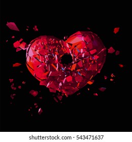 Polygonal broken heart with shot hole in action on dark background