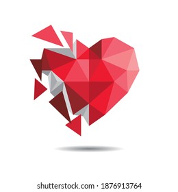 Polygonal broken heart and white background.