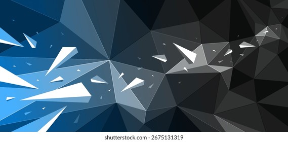 Superfície de estrutura quebrada poligonal feita com baixos elementos poli e partículas de detritos voadores, bagunça quebrada e conceito de caos, abstração dinâmica na cor azul escuro.