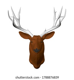 Polygonal brown deer head with large antlers. Front view. 3D. Vector illustration