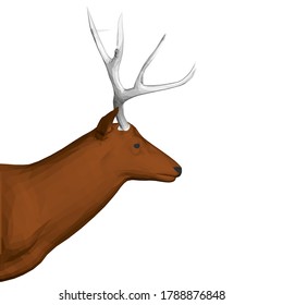 Polygonal brown deer head with large antlers. Side view. 3D. Vector illustration