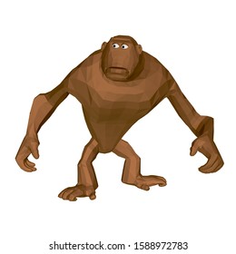 Polygonal brown monkey stands on its paws. Cartoon monkey with big paws. 3D. Vector illustration