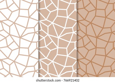 Polygonal brown and white seamless patterns. Set of geometric backgrounds for textile and wallpapers