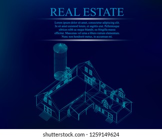 Polygonal building. Wireframe of the polygonal building on a dark blue background. Isometric. Vector illustration.