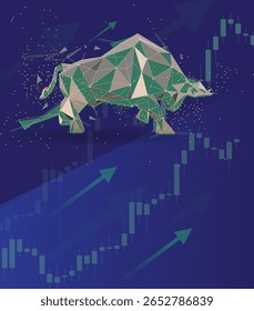 Polygonal Bull Market Illustration with 3D Geometric Green Bull, Financial Candlestick Charts, Upward Arrows, and Golden Particles on Dark Blue Background Representing Growth Trend