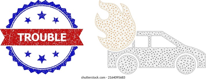 Polygonal Burn Car Framework Icon, And Bicolor Textured Trouble Seal. Polygonal Carcass Image Is Designed With Burn Car Icon. Vector Seal With Trouble Tag Inside Red Ribbon And Blue Rosette,