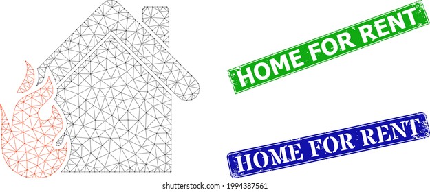 Polygonal burning home model, and Home for Rent blue and green rectangle scratched watermarks. Polygonal wireframe image based on burning home icon.