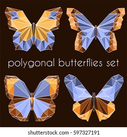 polygonal butterflies illustration set. low-poly yellow, red, orange, pink butterflies on black