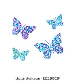 Polygonal butterflies isolated on white. Low poly insect illustration. Triangle color animal image. Polygon insect. Graphic colorful wings.