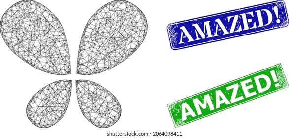 Polygonal butterfly image, and Amazed warn blue and green rectangle corroded seals. Polygonal wireframe illustration is created from butterfly pictogram.