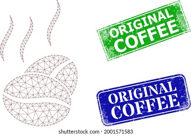 Polygonal cacao aroma image, and Original Coffee blue and green rectangular grunge badges. Polygonal wireframe image is based on cacao aroma icon.