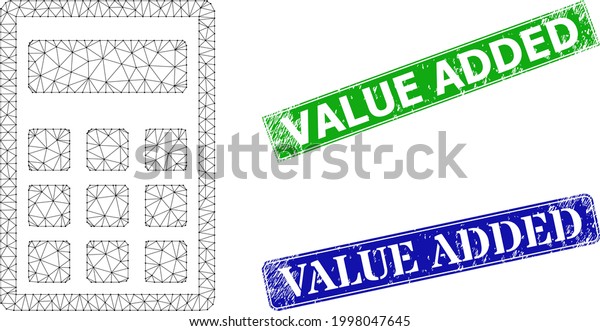 Polygonal calculator image, and Value Added blue\
and green rectangular textured seals. Polygonal wireframe image\
designed with calculator\
icon.