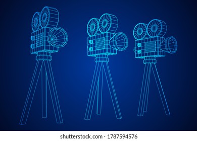 Polygonal camera projector. Movie time. Show film cinema festival concept. Wireframe low poly mesh vector illustration.