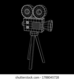Polygonal camera projector. Movie time. Show film cinema festival concept. Wireframe low poly mesh vector illustration.
