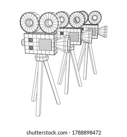 Polygonaler Kameraprojektor. Filmzeit. Konzept des Filmfestivals anzeigen. Wireframe Low-Poly-Mesh, Vektorgrafik.