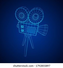 Polygonal camera projector. Movie time. Show film cinema festival concept. Wireframe low poly mesh vector illustration.