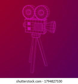 Polygonaler Kameraprojektor. Filmzeit. Konzept des Filmfestivals anzeigen. Wireframe Low-Poly-Mesh, Vektorgrafik.