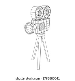 Polygonal camera projector. Movie time. Show film cinema festival concept. Wireframe low poly mesh vector illustration.