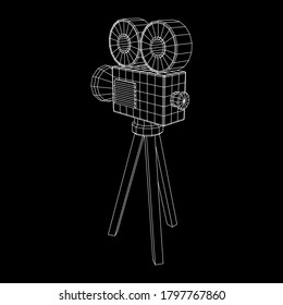 Polygonaler Kameraprojektor. Filmzeit. Konzept des Filmfestivals anzeigen. Wireframe Low-Poly-Mesh, Vektorgrafik.