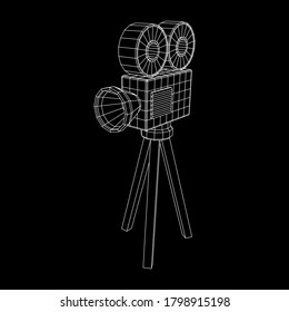 Polygonaler Kameraprojektor. Filmzeit. Konzept des Filmfestivals anzeigen. Wireframe Low-Poly-Mesh, Vektorgrafik.