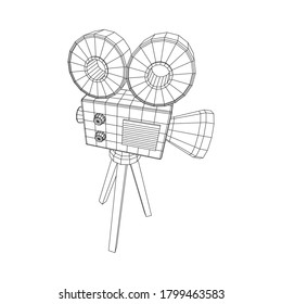 Polygonal camera projector. Movie time. Show film cinema festival concept. Wireframe low poly mesh vector illustration.