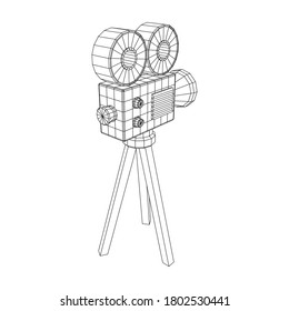 Polygonaler Kameraprojektor. Filmzeit. Konzept des Filmfestivals anzeigen. Wireframe Low-Poly-Mesh, Vektorgrafik.