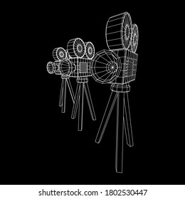 Polygonal camera projector. Movie time. Show film cinema festival concept. Wireframe low poly mesh vector illustration.