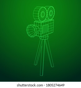 Polygonal camera projector. Movie time. Show film cinema festival concept. Wireframe low poly mesh vector illustration.