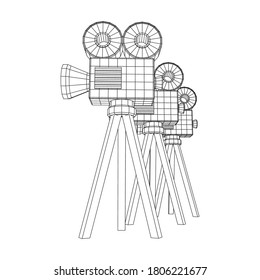 Polygonal camera projector. Movie time. Show film cinema festival concept. Wireframe low poly mesh vector illustration.