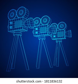 Polygonal camera projector. Movie time. Show film cinema festival concept. Wireframe low poly mesh vector illustration.