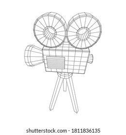 Polygonal camera projector. Movie time. Show film cinema festival concept. Wireframe low poly mesh vector illustration.
