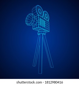Polygonal camera projector. Movie time. Show film cinema festival concept. Wireframe low poly mesh vector illustration.