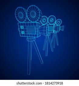 Polygonal camera projector. Movie time. Show film cinema festival concept. Wireframe low poly mesh vector illustration.